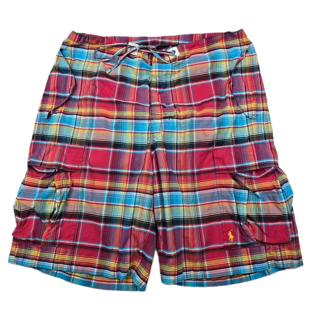 Polo Ralph Lauren Board‎ Shorts Mens Large Red Madras Plaid Cargo Swim Trunks